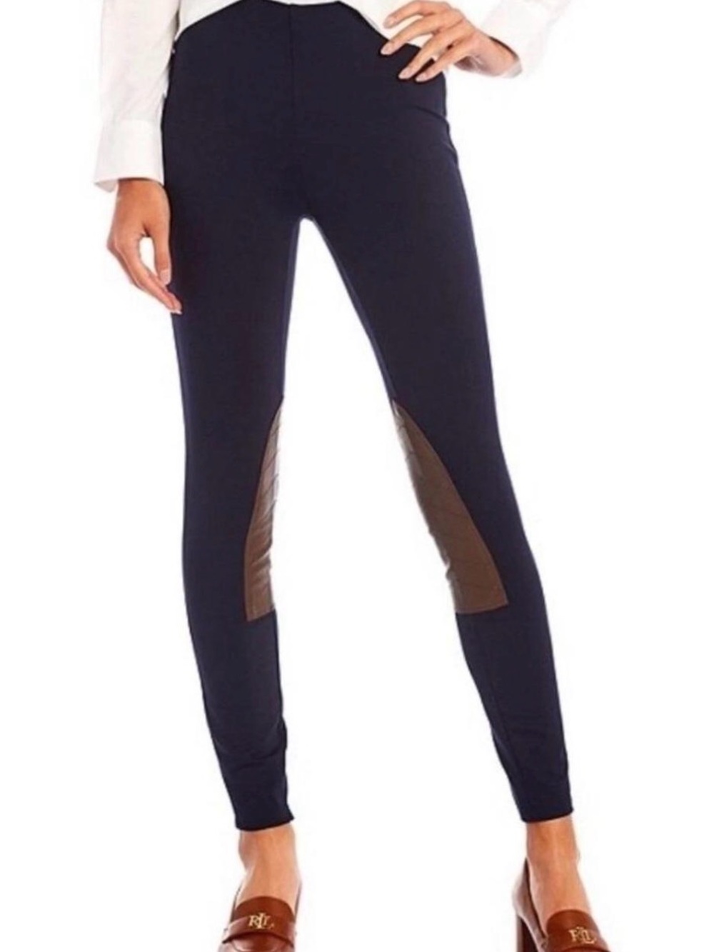 Polo Ralph Lauren Blue Label Navy Equestrian Style Leggings w/ Brown Knee Panels